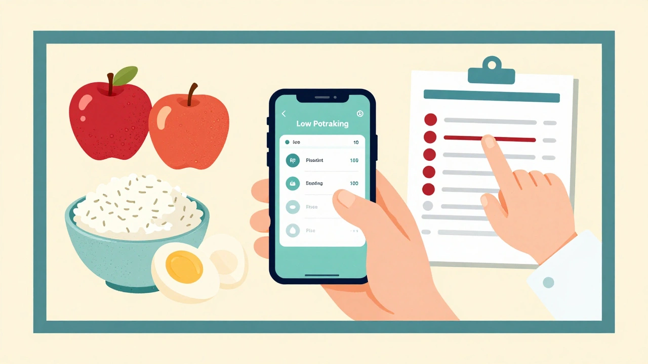 Patient using a potassium-tracking app with safe low-potassium foods and a doctor guiding them.