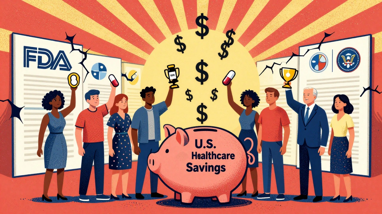 Patients celebrate biosimilars as dollar signs fall into a savings piggy bank, with FDA and government icons breaking through patent walls.