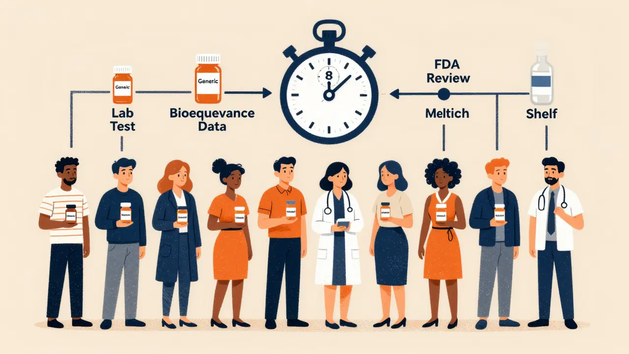 Patients holding generic prescriptions in a flowchart leading to FDA approval with an 8-month stopwatch, rendered in flat geometric colors.