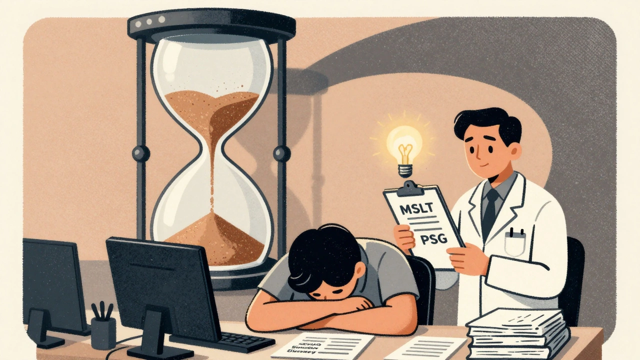 Person asleep at desk, giant hourglass with sand rising, doctor holding sleep study papers.
