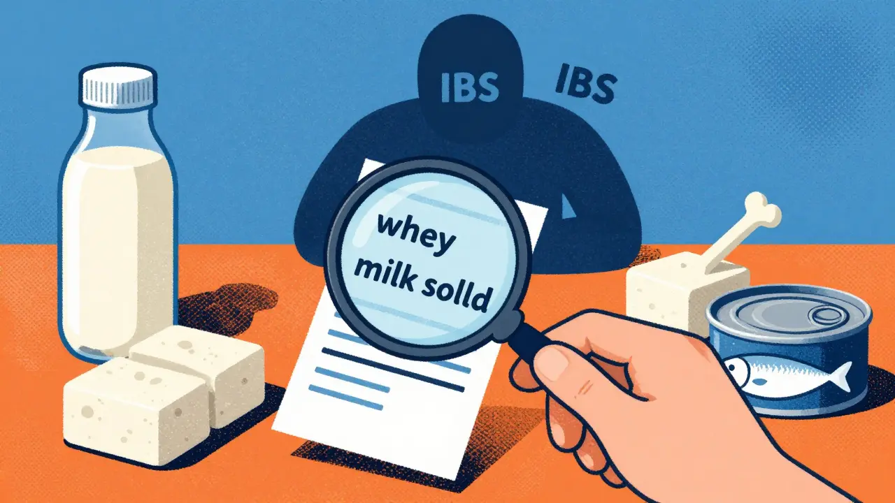 Person examining food label with magnifying glass, hidden lactose ingredients visible, fortified alternatives nearby.