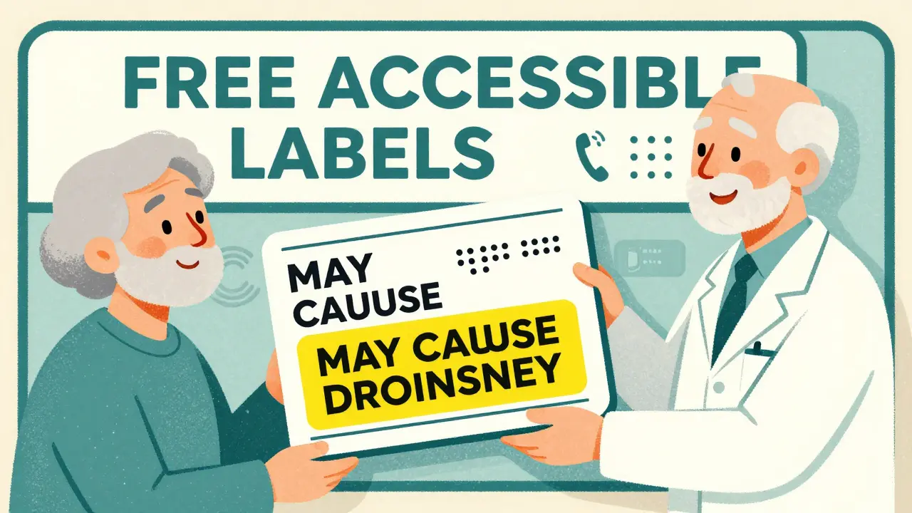 Pharmacist giving a large print label card to an elderly customer, bold text and yellow warning box visible.