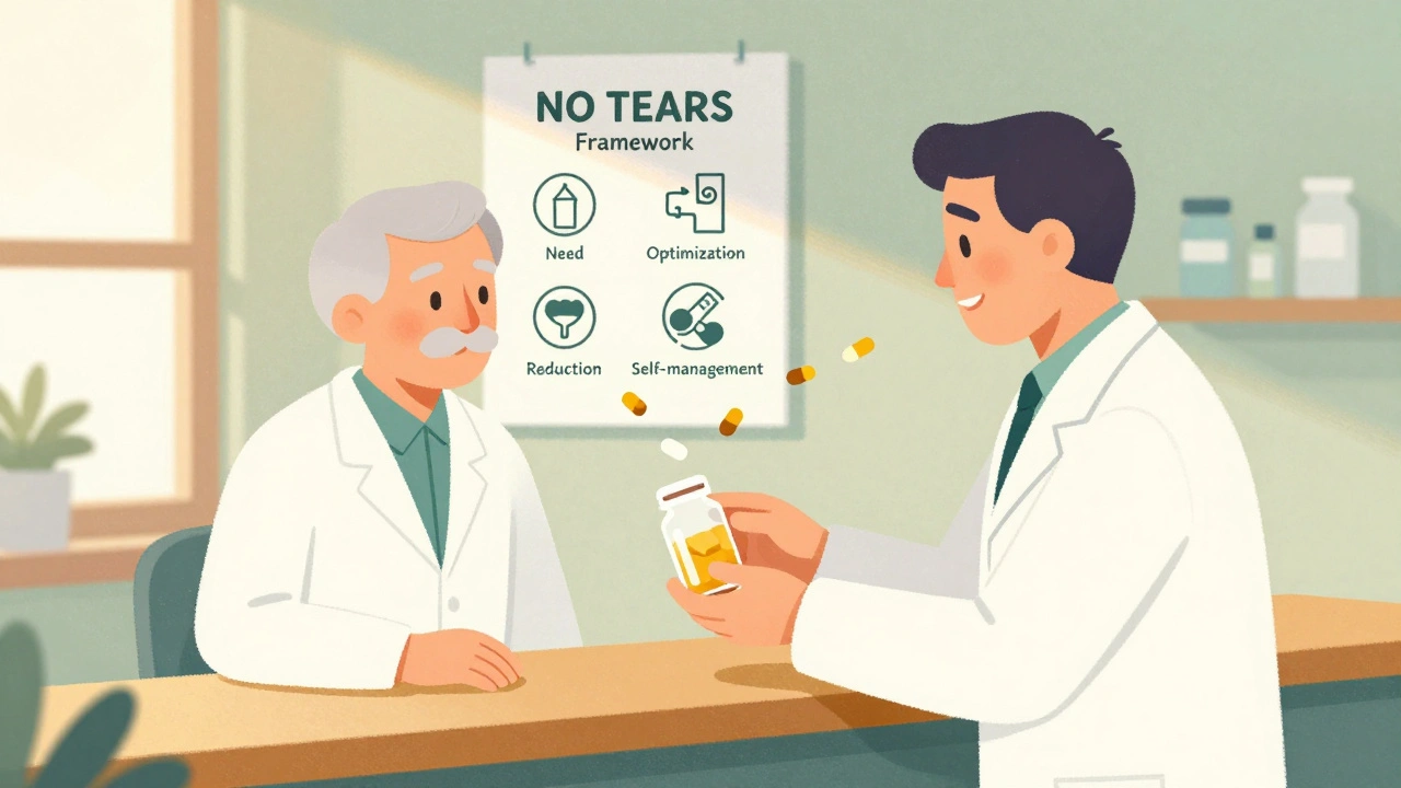 Pharmacist giving simplified meds to an older man, with discarded pills floating away and NO TEARS chart visible.