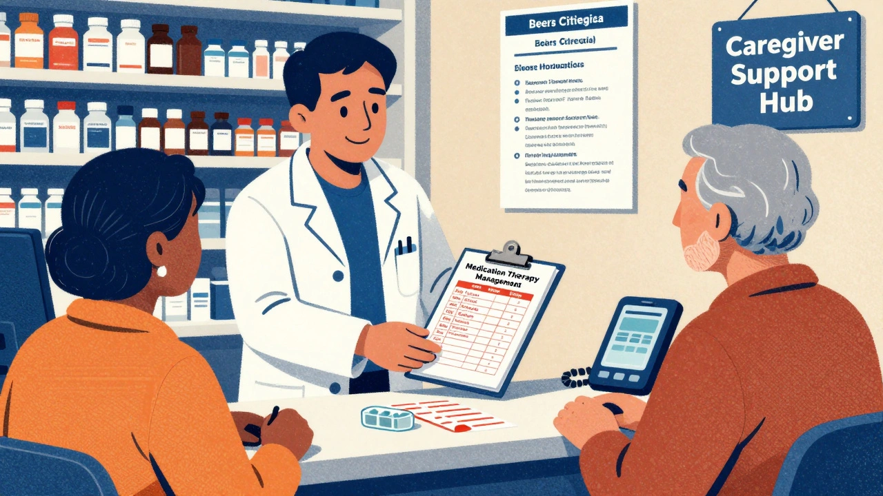 Pharmacist handing a medication binder to a senior and caregiver with emergency list visible on counter.