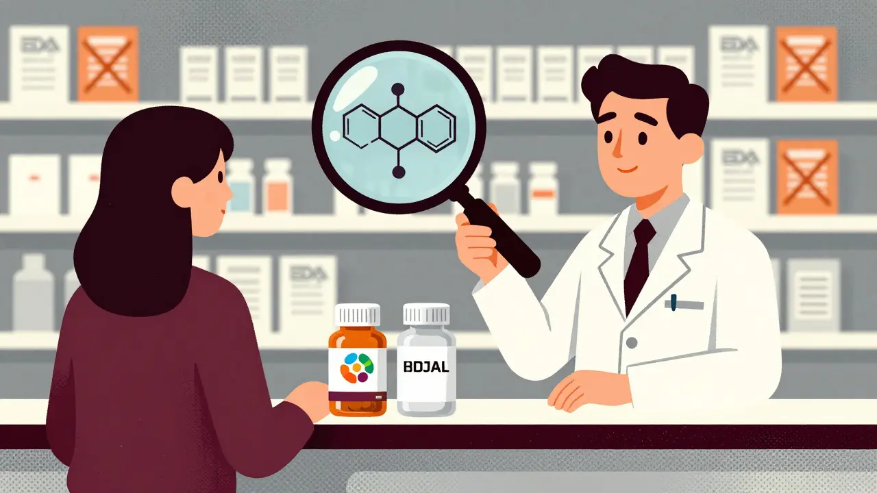 Pharmacist handing two pill bottles to a patient—one with brand name, one plain label—with chemical structures visible under a magnifying glass.