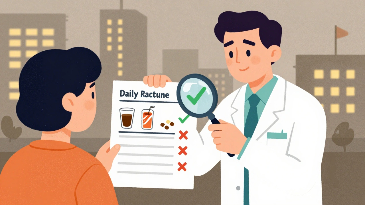 Pharmacist reviewing patient&#039;s daily routine chart with coffee and pills.