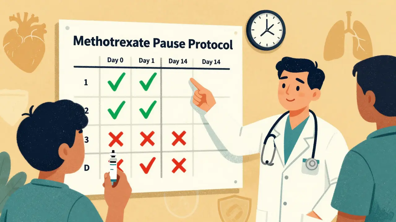 Rheumatologist and patient with chart showing methotrexate pause timeline, green checkmarks and red Xs.