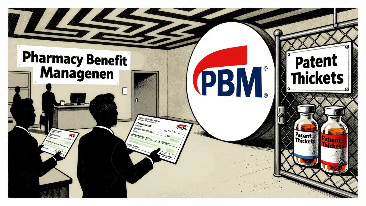 Shadowy PBM figures hand rebates to a brand drug logo, while biosimilars are blocked by patent fences in a stylized maze.