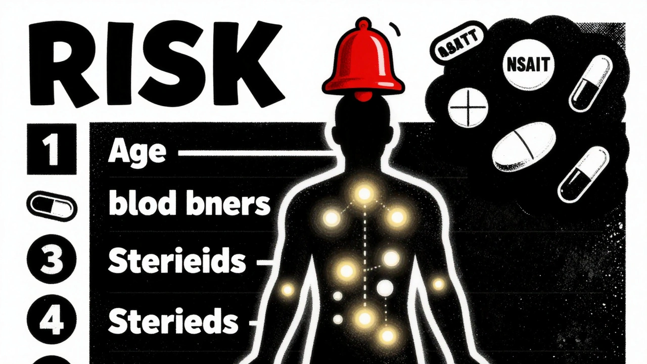 Silhouette with risk factors lighting up, surrounded by pills, under a silent alarm bell.