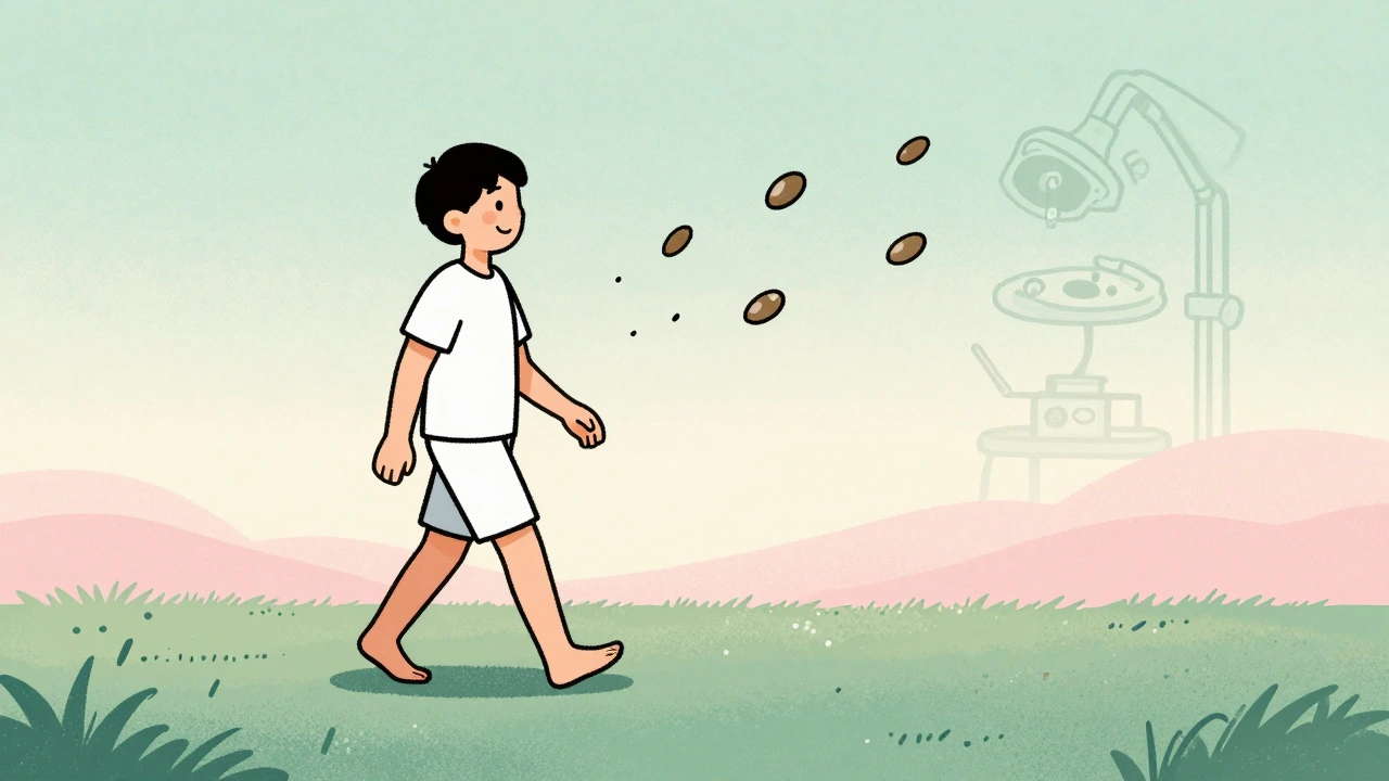 Smiling patient walking as gallstones drift away after surgery