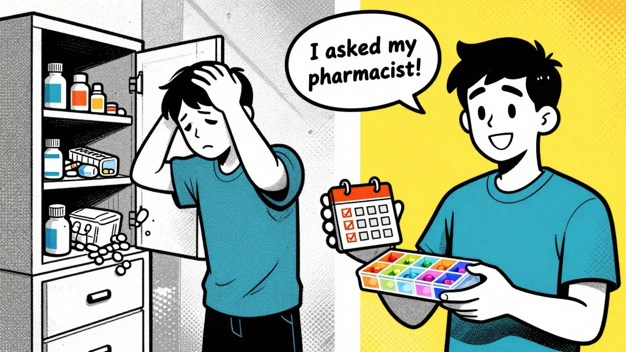 Split image: chaotic medicine cabinet vs. organized pill organizer with checkmarks, showing improved medication management.