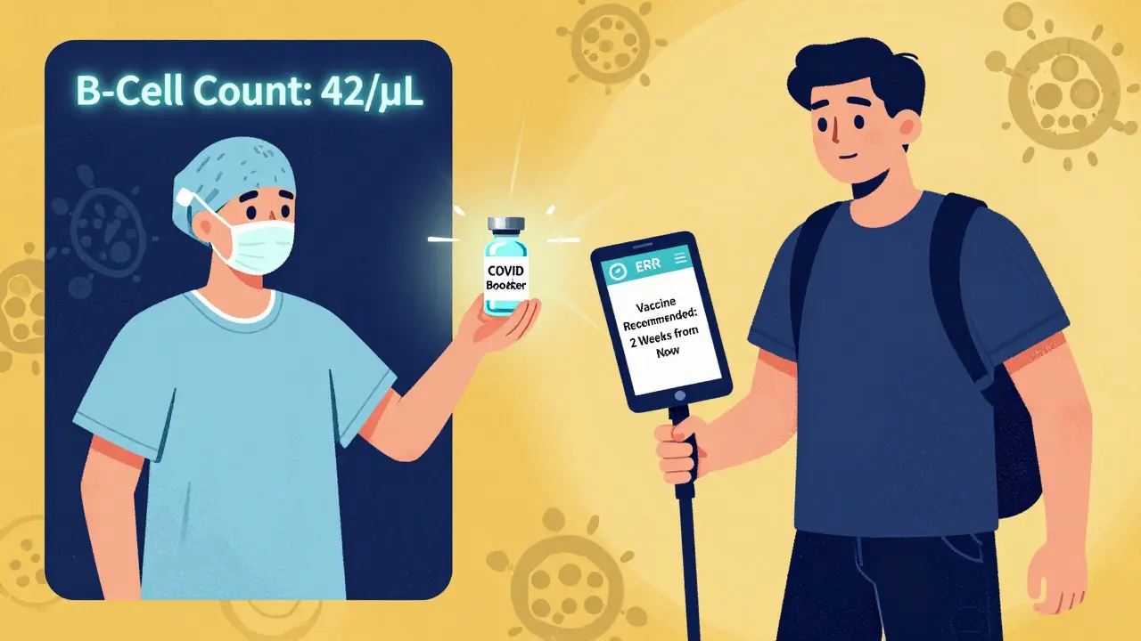 Split image: immunocompromised person getting vaccine with low B-cell count, later healthy and hiking with EHR notification.