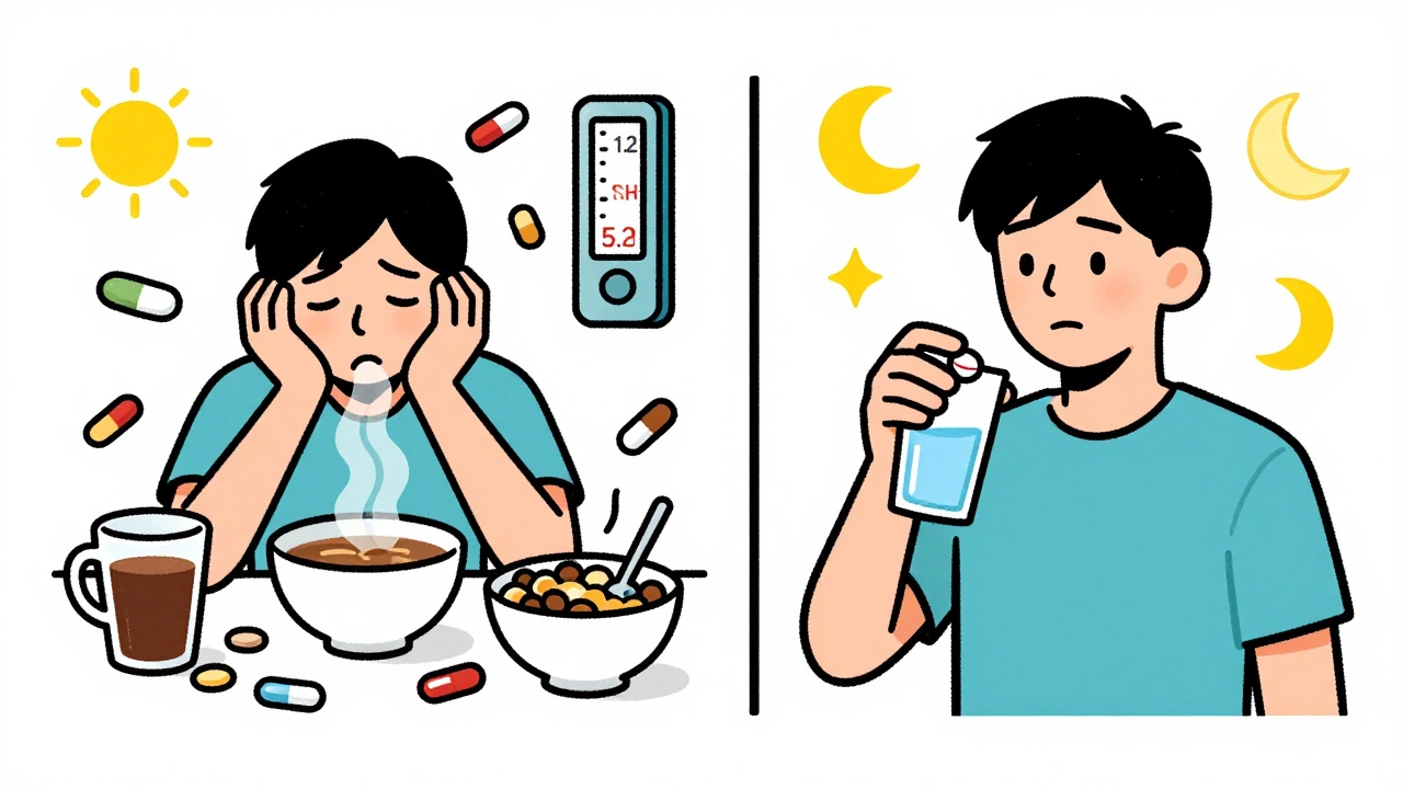 Split image showing chaotic vs. consistent thyroid medication timing and TSH levels.