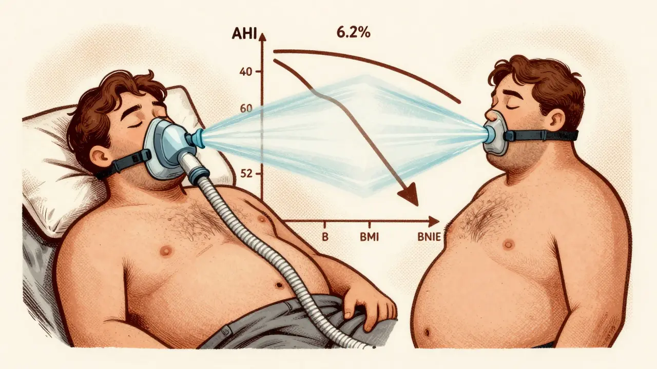Split image showing constricted vs. open airway with CPAP pressure and AHI graph above.
