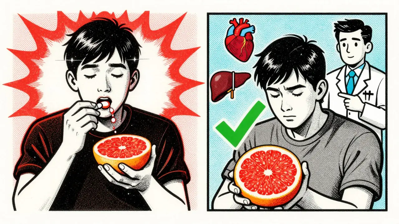 Split scene: grapefruit with statins vs. safe alternative with pharmacist guidance