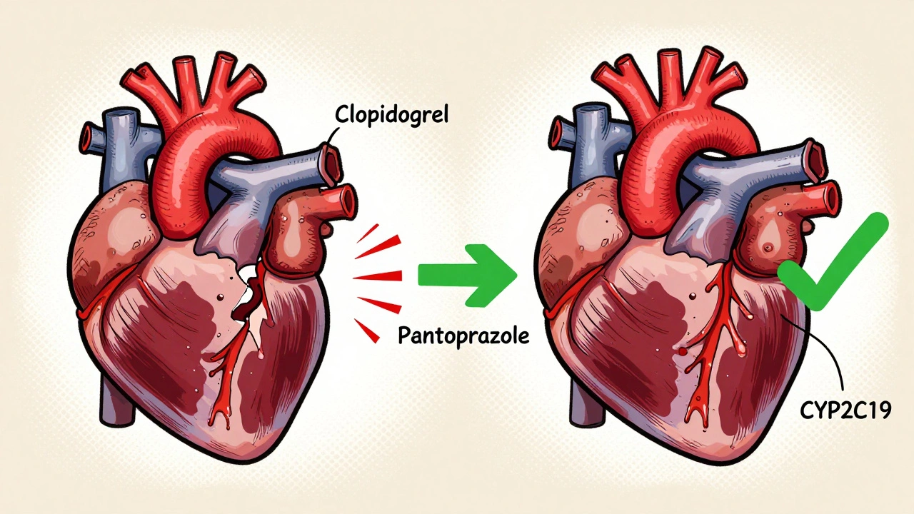 Split scene: heart with clot vs. heart with clear flow, comparing harmful and safe PPIs.