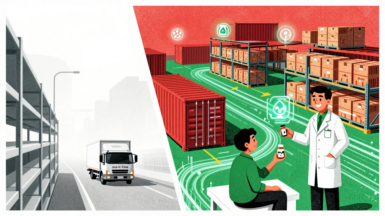 Split scene: left shows empty shelves and a lone truck; right shows full stock, sensors, and a pharmacist helping a patient.