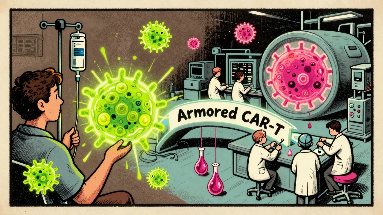 Split scene: patient receiving immunotherapy and a CAR-T cell factory with glowing connections.