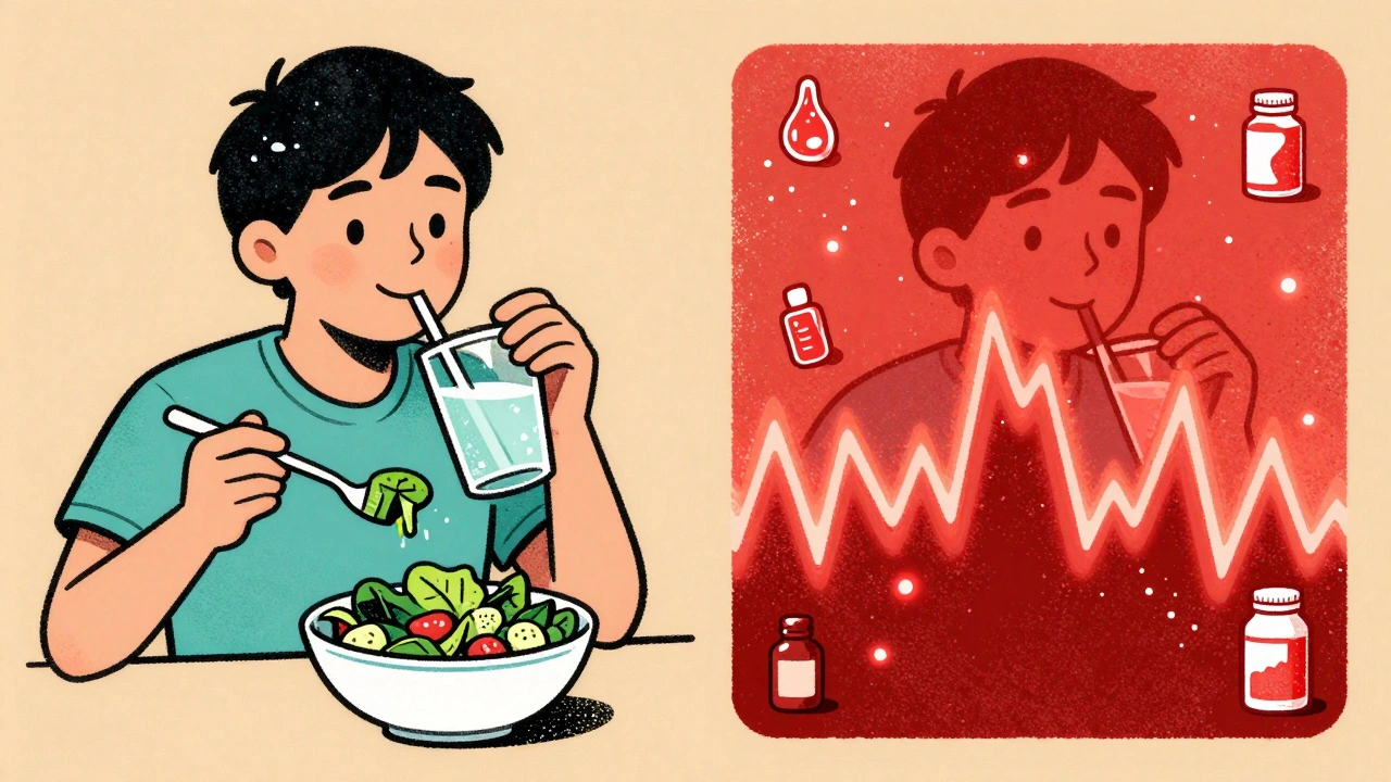 Split scene: person eating high-potassium foods while bloodstream shows dangerous potassium spikes.