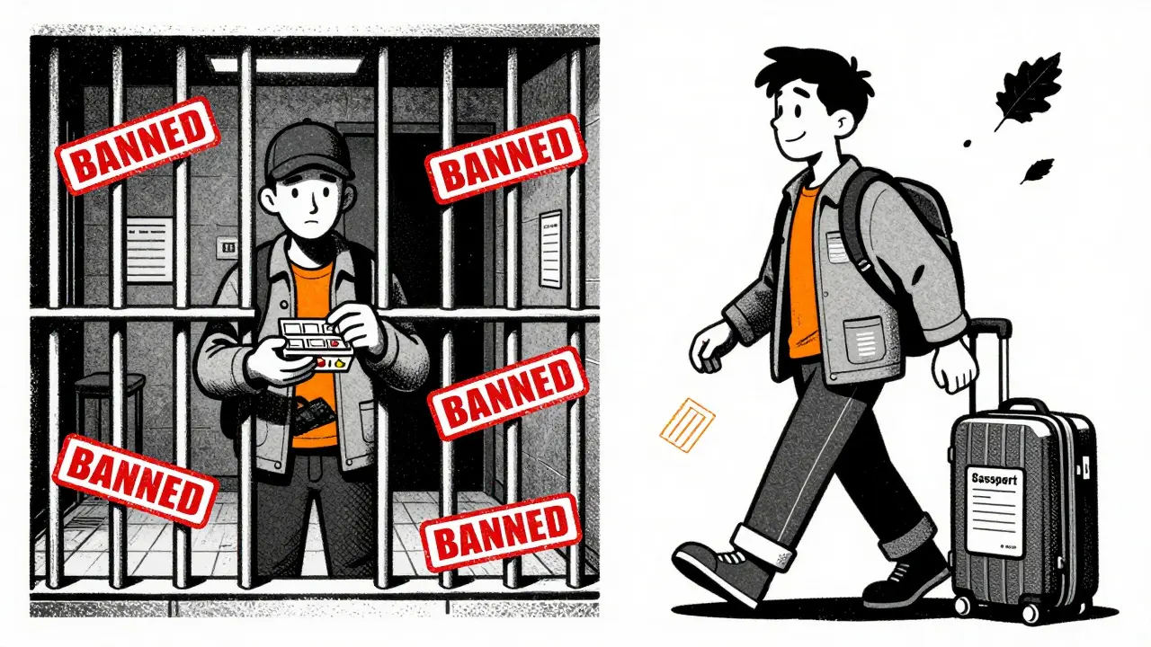 Split scene: traveler in jail with banned pills vs. same person cleared at customs with proper medication storage.