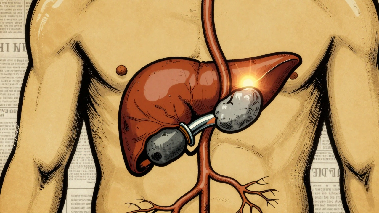 Stylized torso with gallstone blocking bile duct, ink wash medical illustration