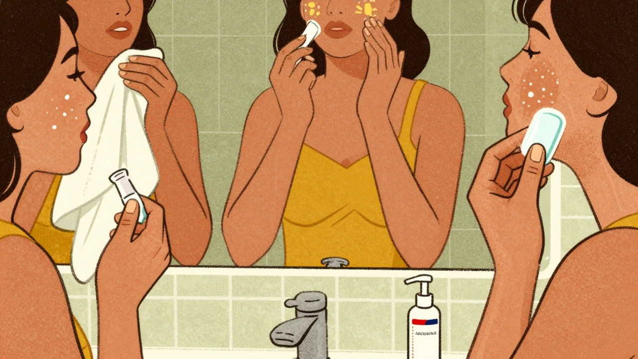 Three hands applying different acne treatments on a bathroom counter with vintage color tones and stylized textures