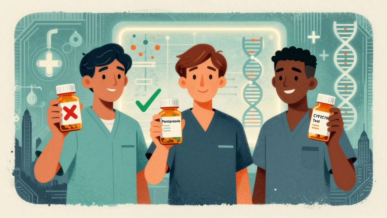 Three patients with pill bottles and genetic test, showing safe vs. unsafe options for clopidogrel users.