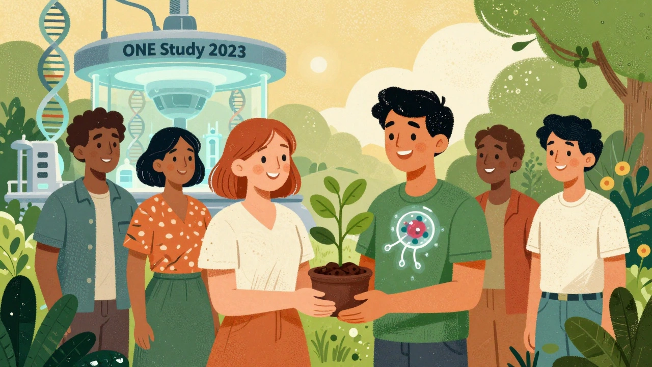 Transplant recipients in a garden with a T-cell symbol and kidney plant, representing immune tolerance, in screenprint aesthetic.