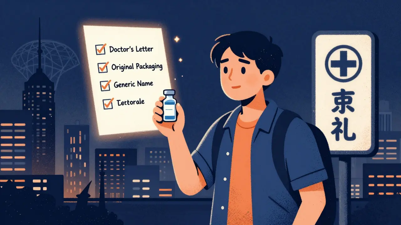 Traveler in Tokyo with insulin vial and floating checklist of required documents, city skyline in background.