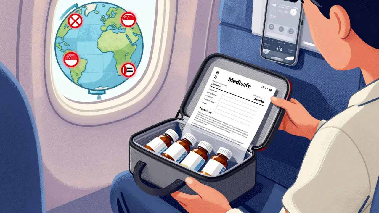 Traveler on plane with insulated medication pouch and doctor’s letter, phone showing time zone app, globe with banned countries in background.
