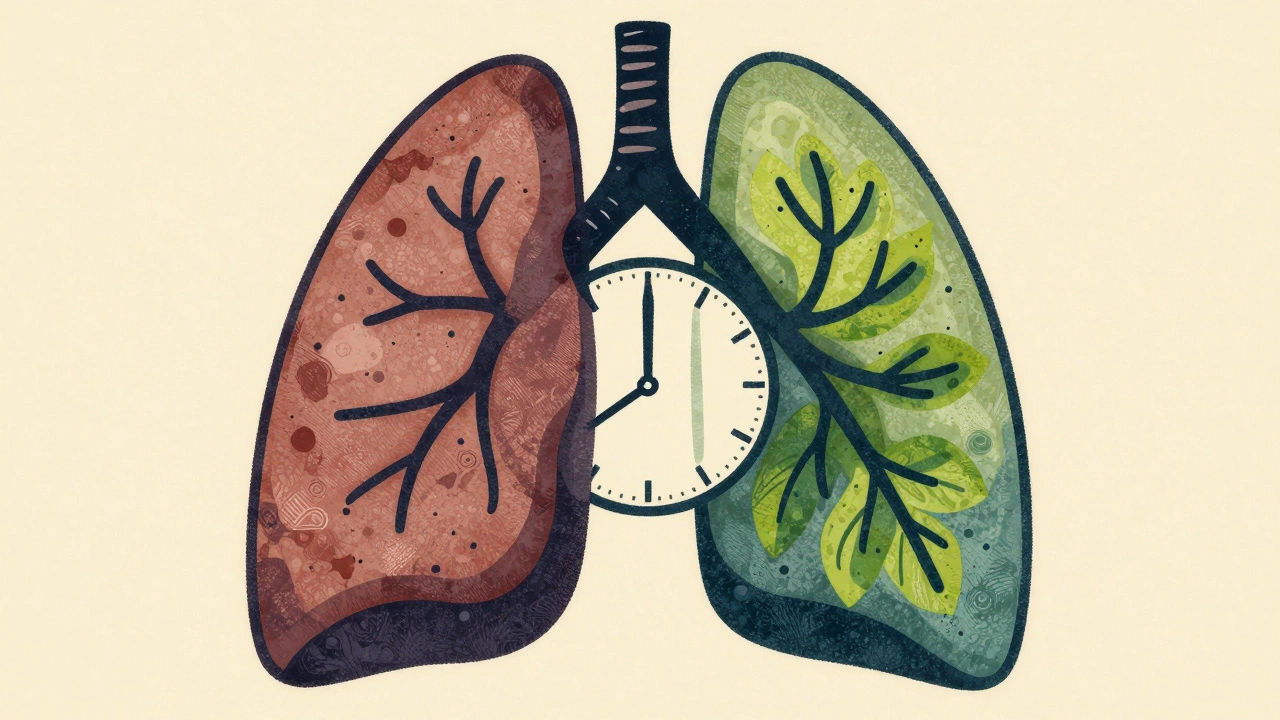 Two lungs side by side—one damaged, one healing—illustrated in vintage screenprint style with clock symbolism.