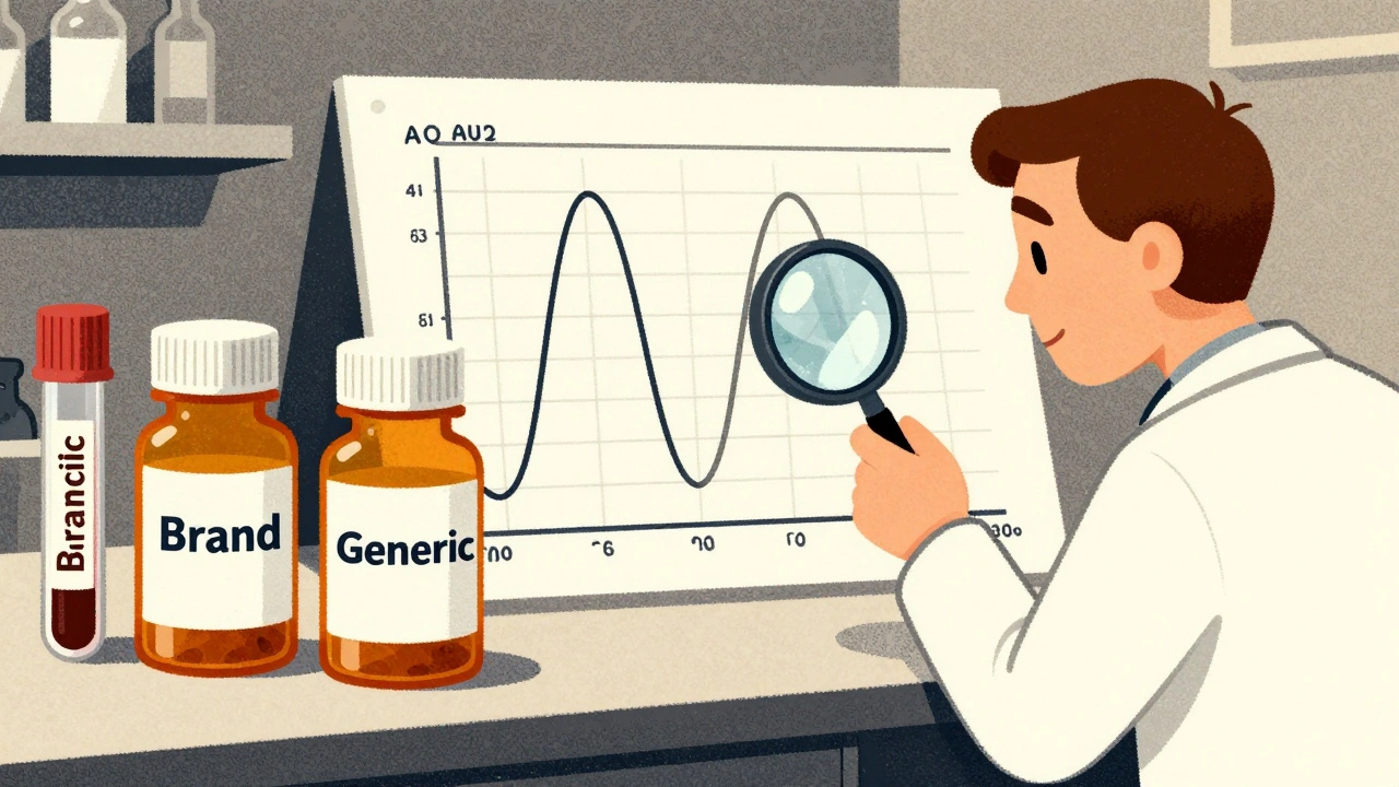 Two pill bottles beside a blood vial with overlapping AUC curves on a chart in a vintage laboratory scene.