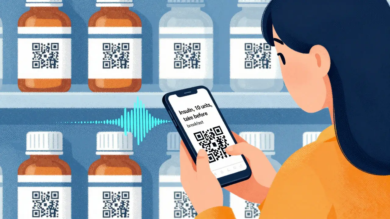 Woman scanning a QR code on a pill bottle, audio waveform floating from her smartphone screen.