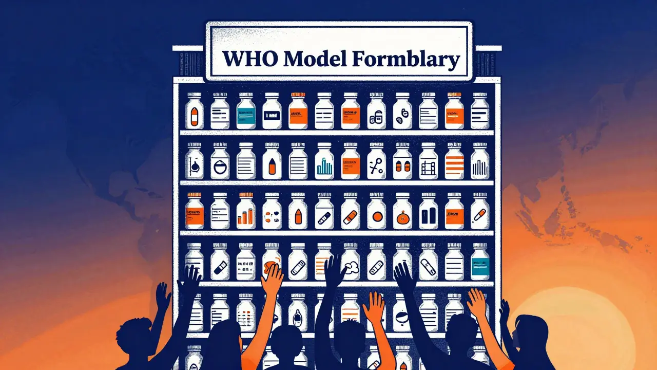 A bookshelf of medicine bottles with hands from around the world reaching for essential drugs.