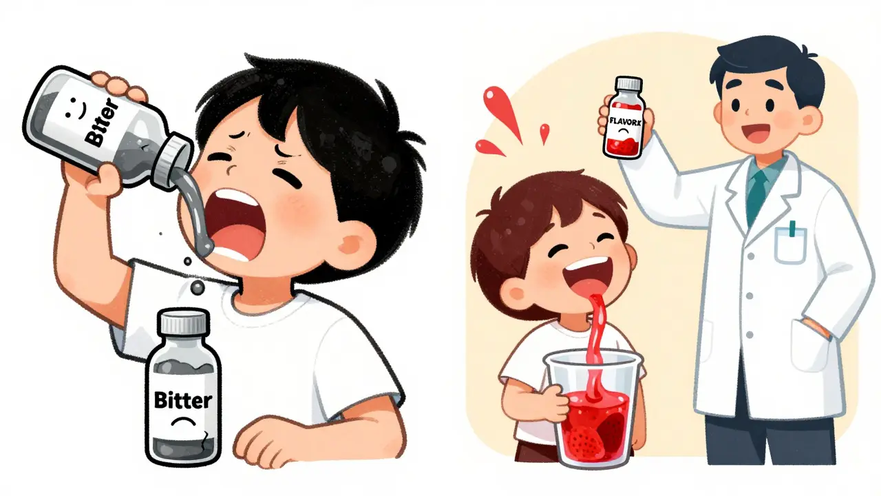 A child gags at bitter medicine on one side, laughs at strawberry-flavored medicine on the other.