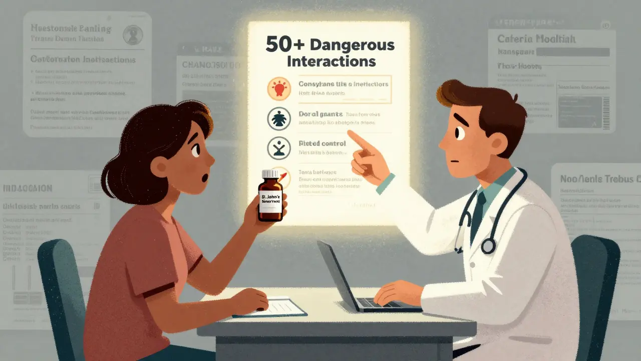 A doctor and patient discussing dangerous herb-drug interactions on a warning chart.