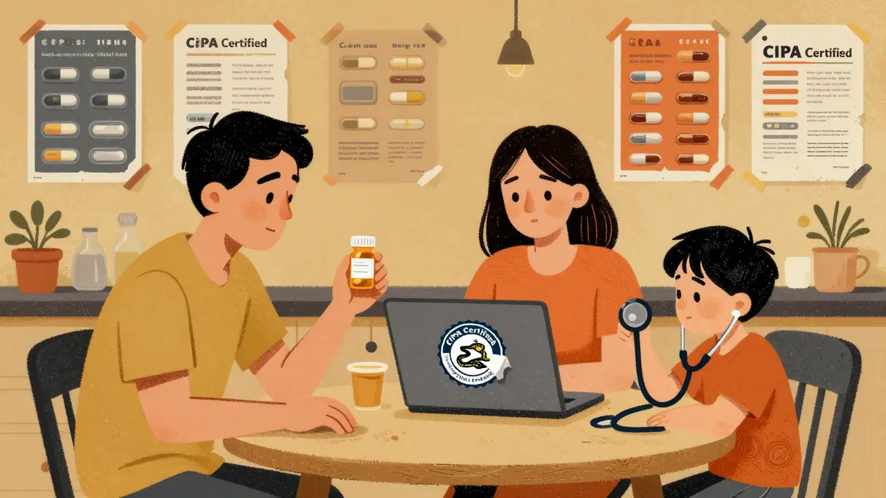 A family at home, one holding a fake pill bottle, while a fake certification peels away to reveal a snake.