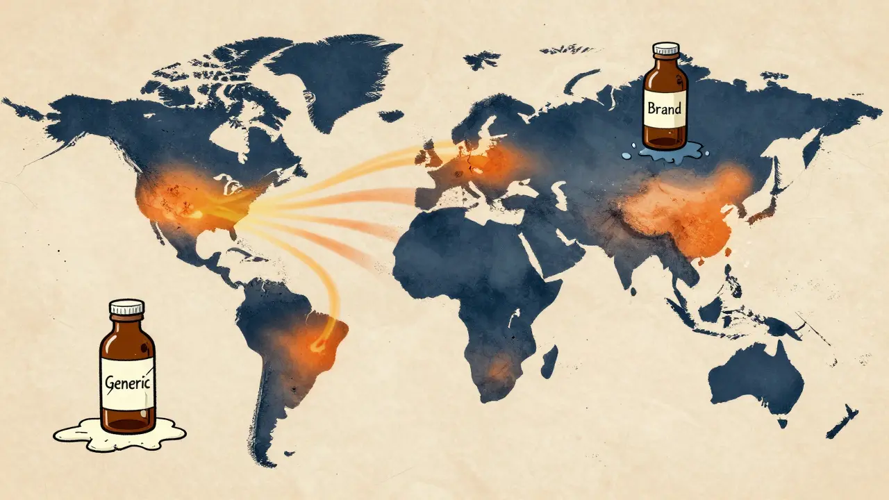 A global map with heat waves melting medicine bottles, highlighting climate impact on drug stability.