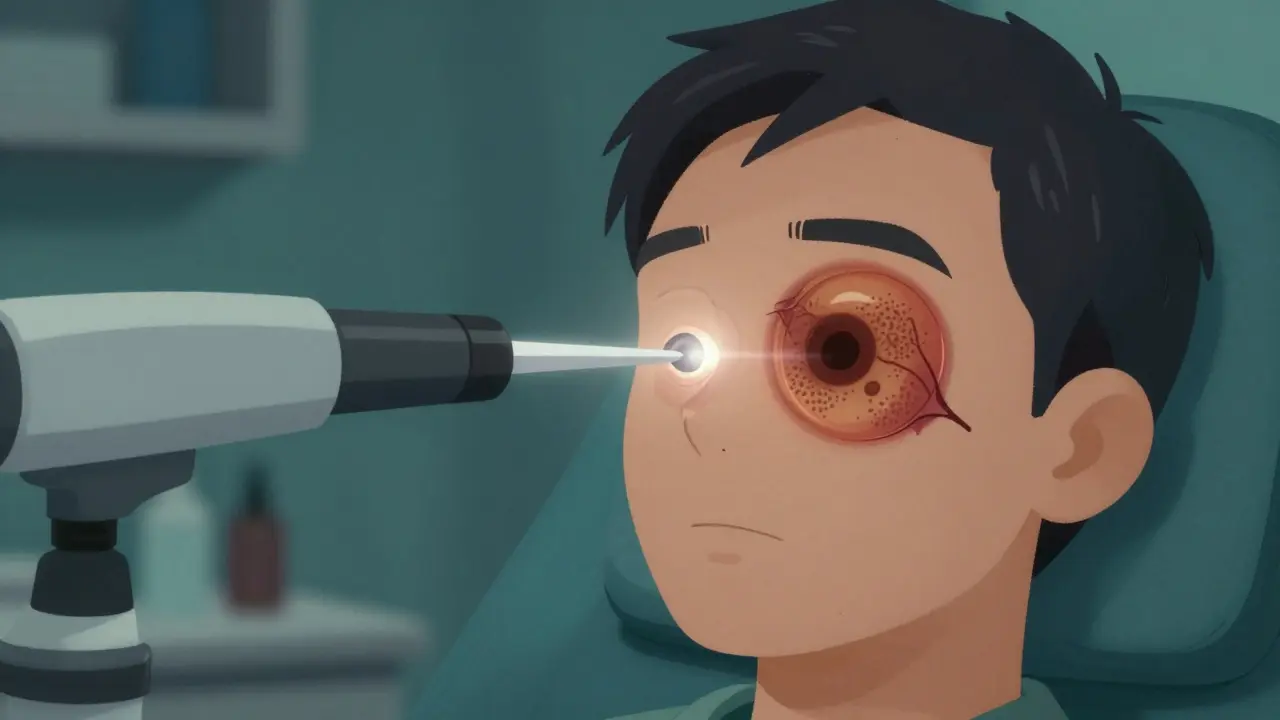 A laser beam sealing damaged blood vessels in the retina during a clinical procedure, shown in screenprint illustration.