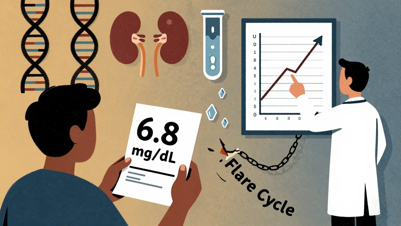 A patient holds a blood test result as DNA strands and kidney filters float behind, showing uric acid buildup.