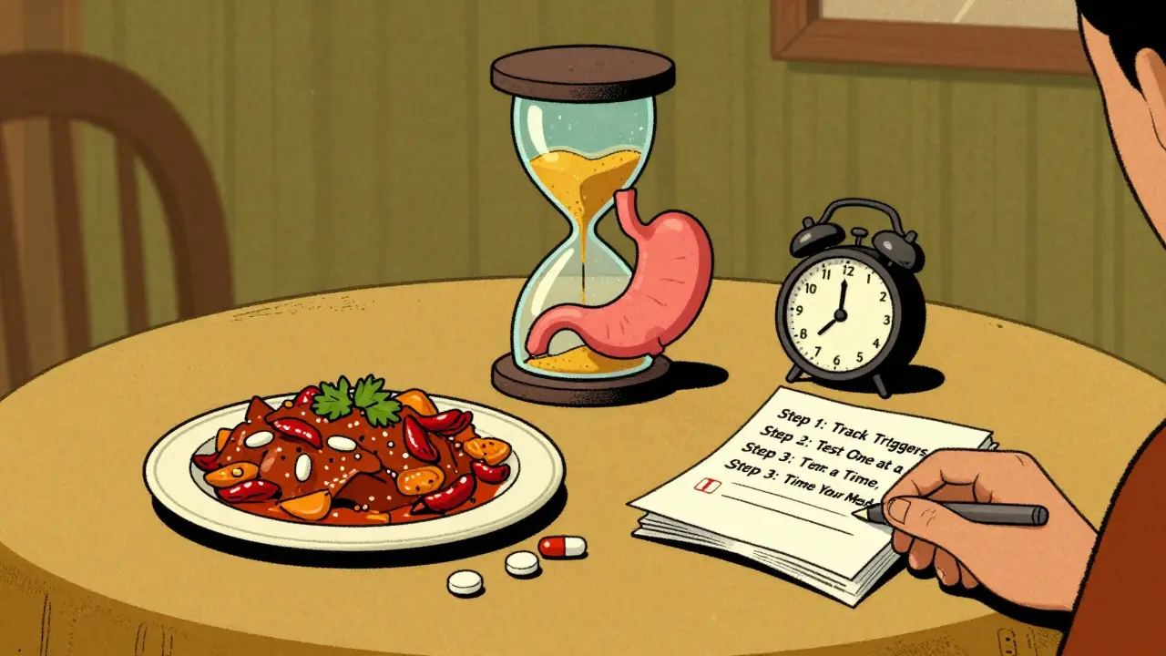 A person at dinner with two plates and a checklist, an hourglass pouring sand into a stomach model, retro poster style.