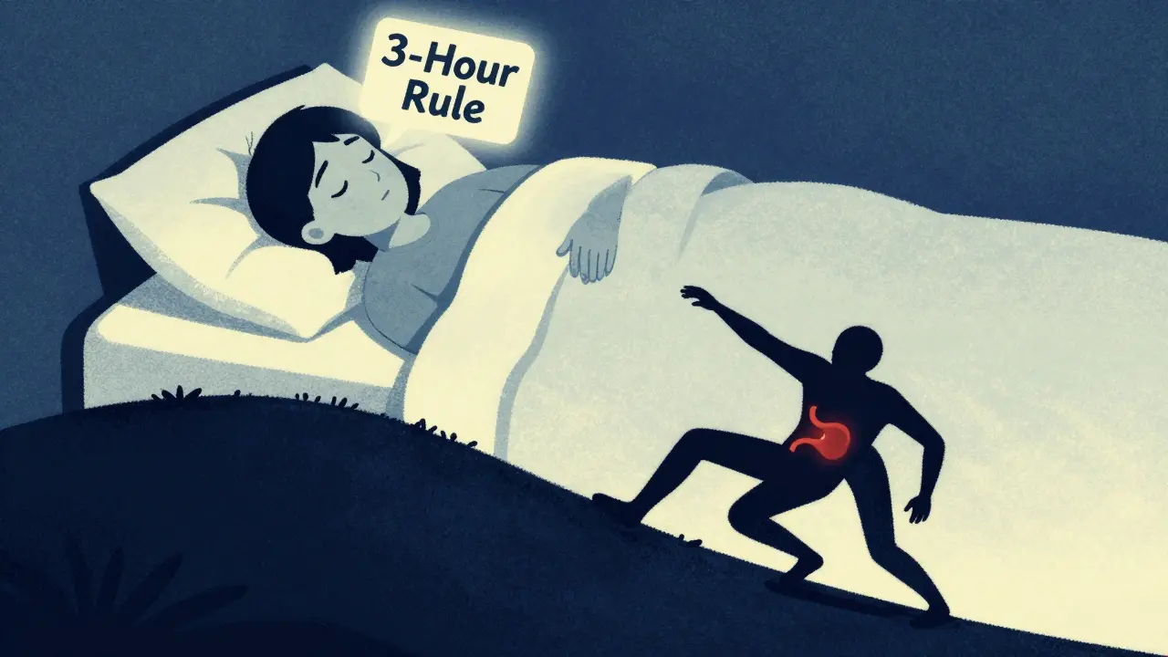 A person sleeping with elevated head, a '3-Hour Rule' sign above, while heartburn fails to climb a gravity-defying stomach hill.