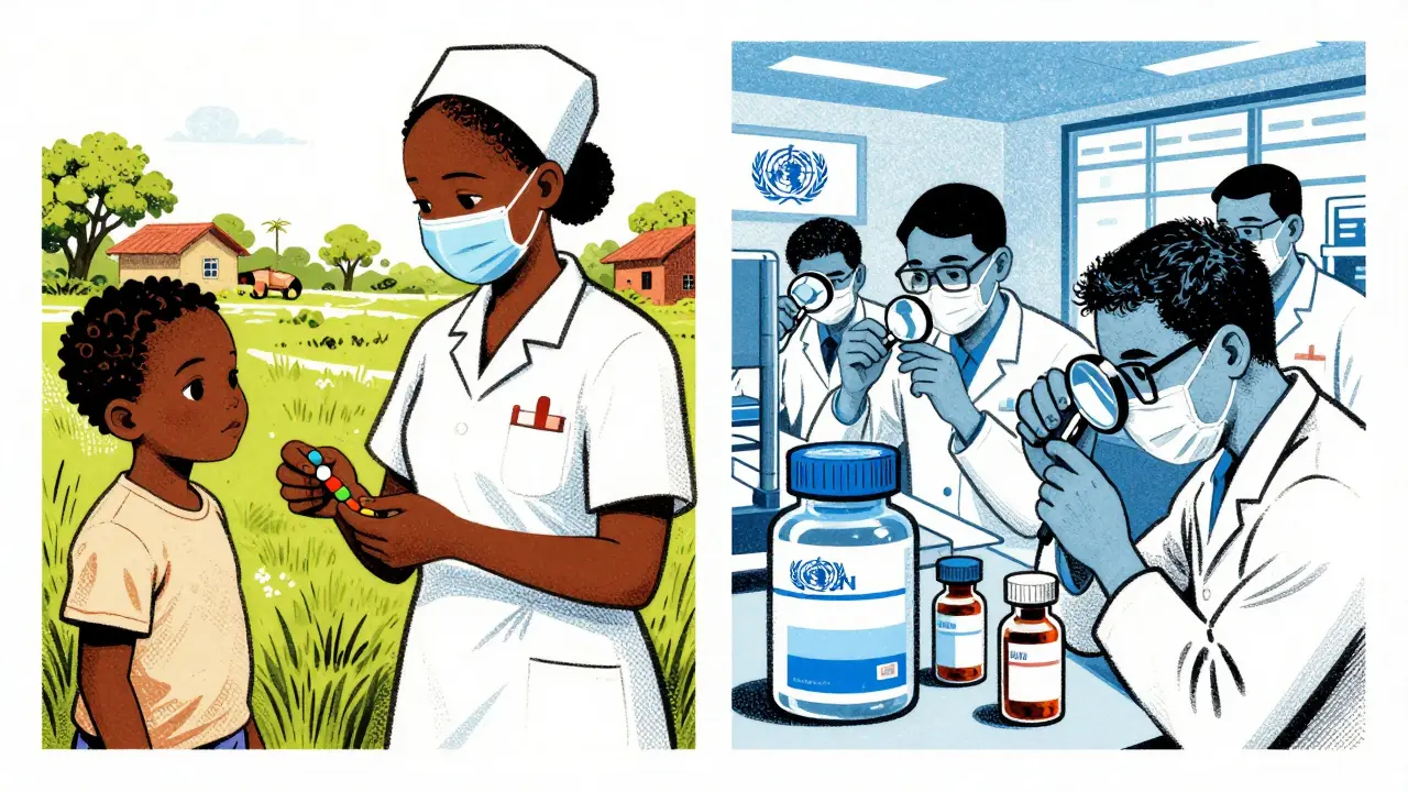 A rural clinic and a generic medicine factory shown side by side with identical WHO-approved packaging.