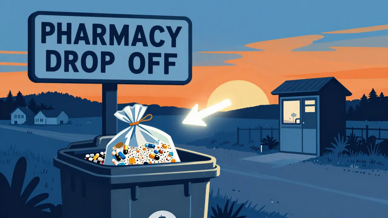 A sealed trash bag of disposed meds points toward a distant pharmacy take-back bin.