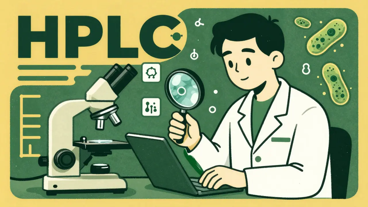 A technician examining a tablet under a microscope, surrounded by floating degradation icons.