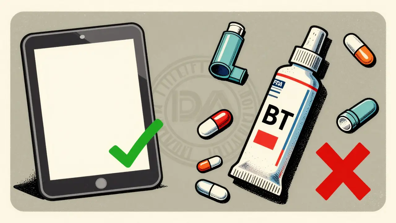 AA-rated tablet vs BT-rated cream with checkmarks and Xs, medical devices nearby