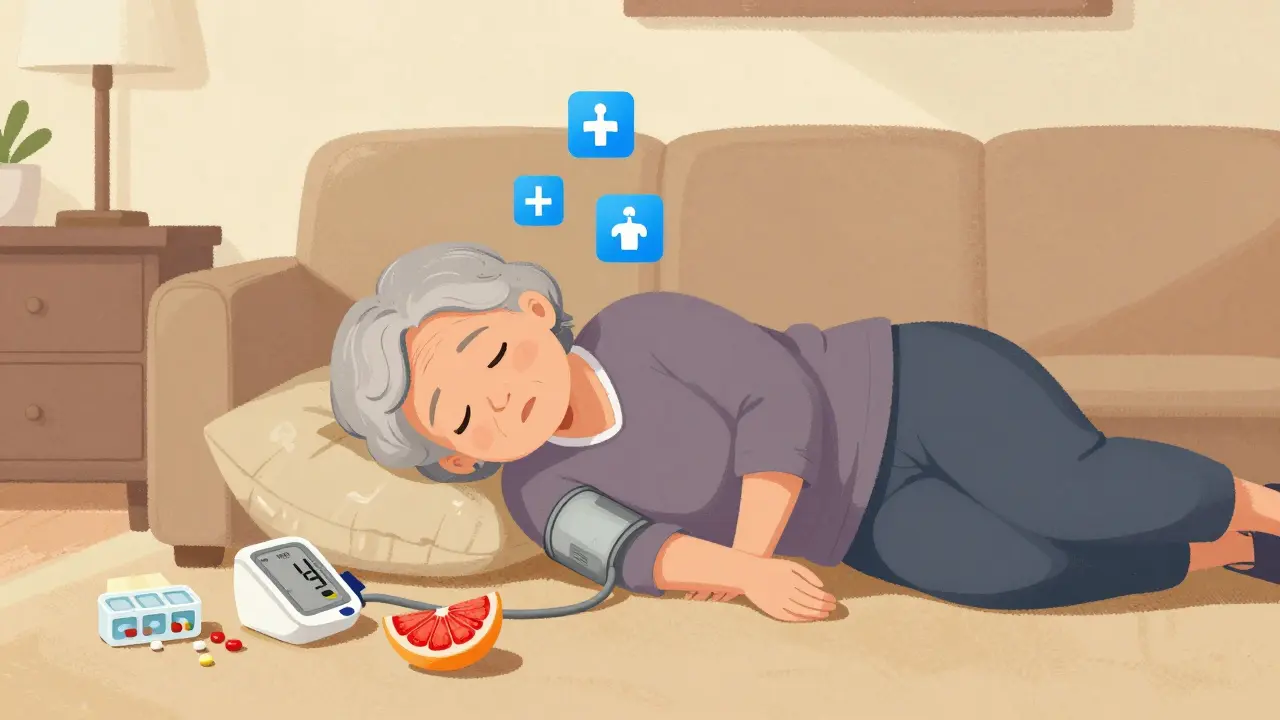 An elderly woman collapses as her blood pressure monitor shows a dangerous reading, with a grapefruit nearby.