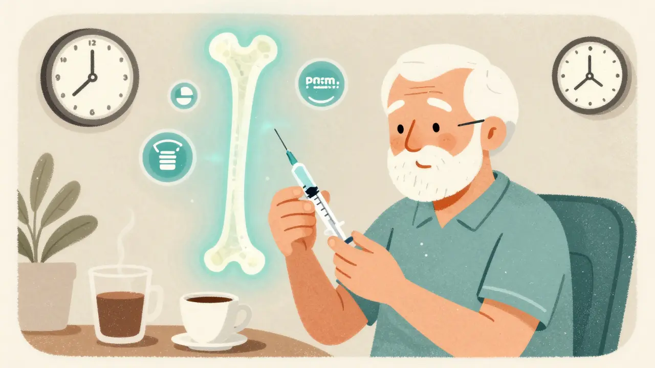 An older adult safely using an injectable osteoporosis medication with coffee, no dairy, and healthy bones glowing in the background.