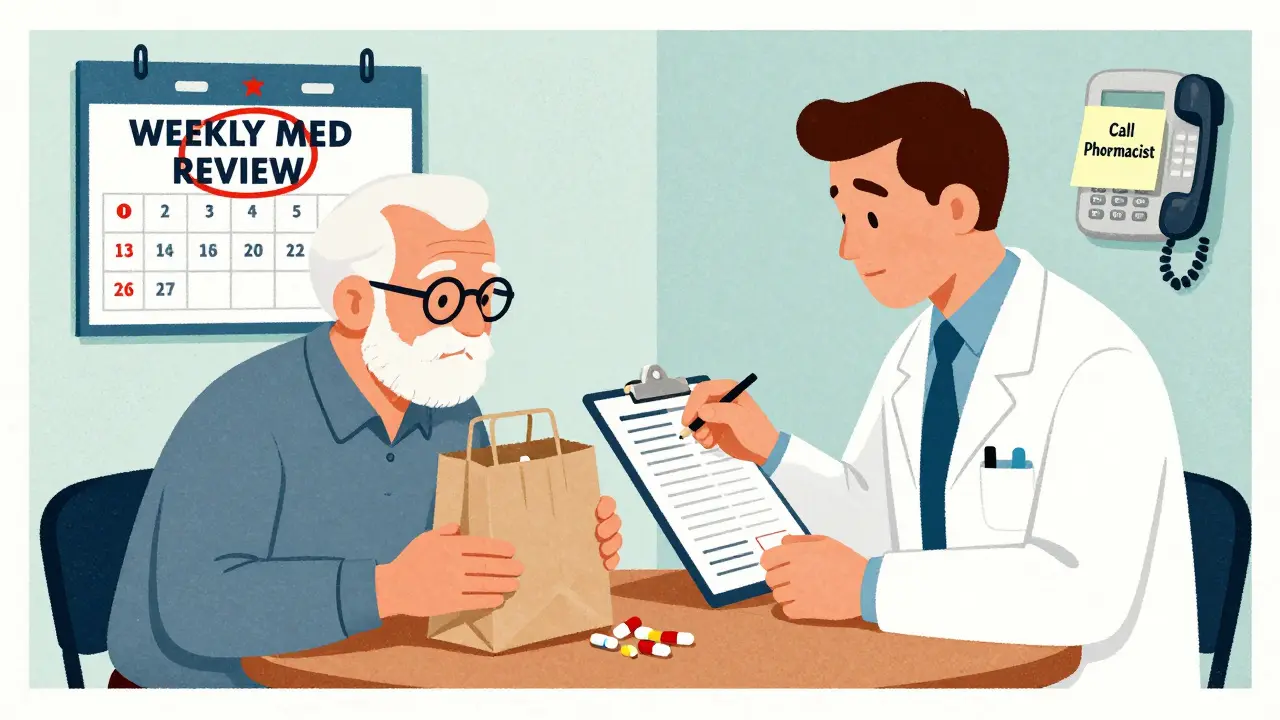 Caregiver and senior with brown bag of meds, pharmacist reviewing checklist at dining table.