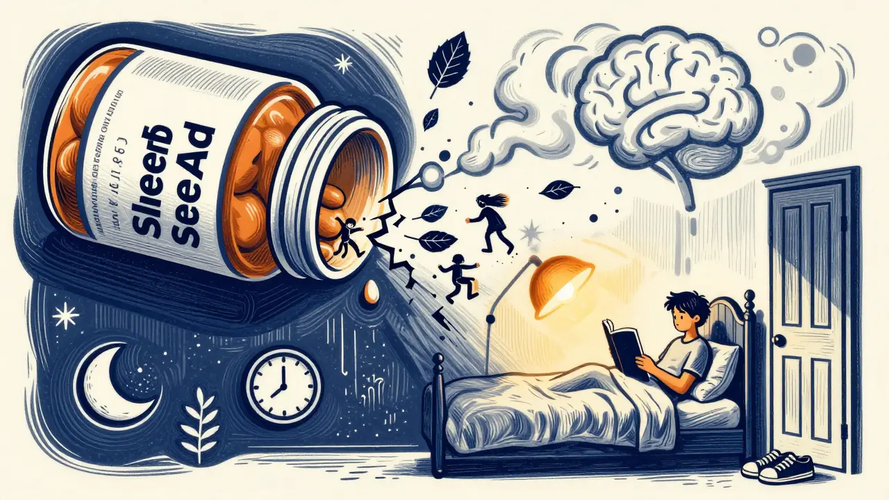 Cracking pill bottle releasing harmful smoke while person practices healthy sleep habits.